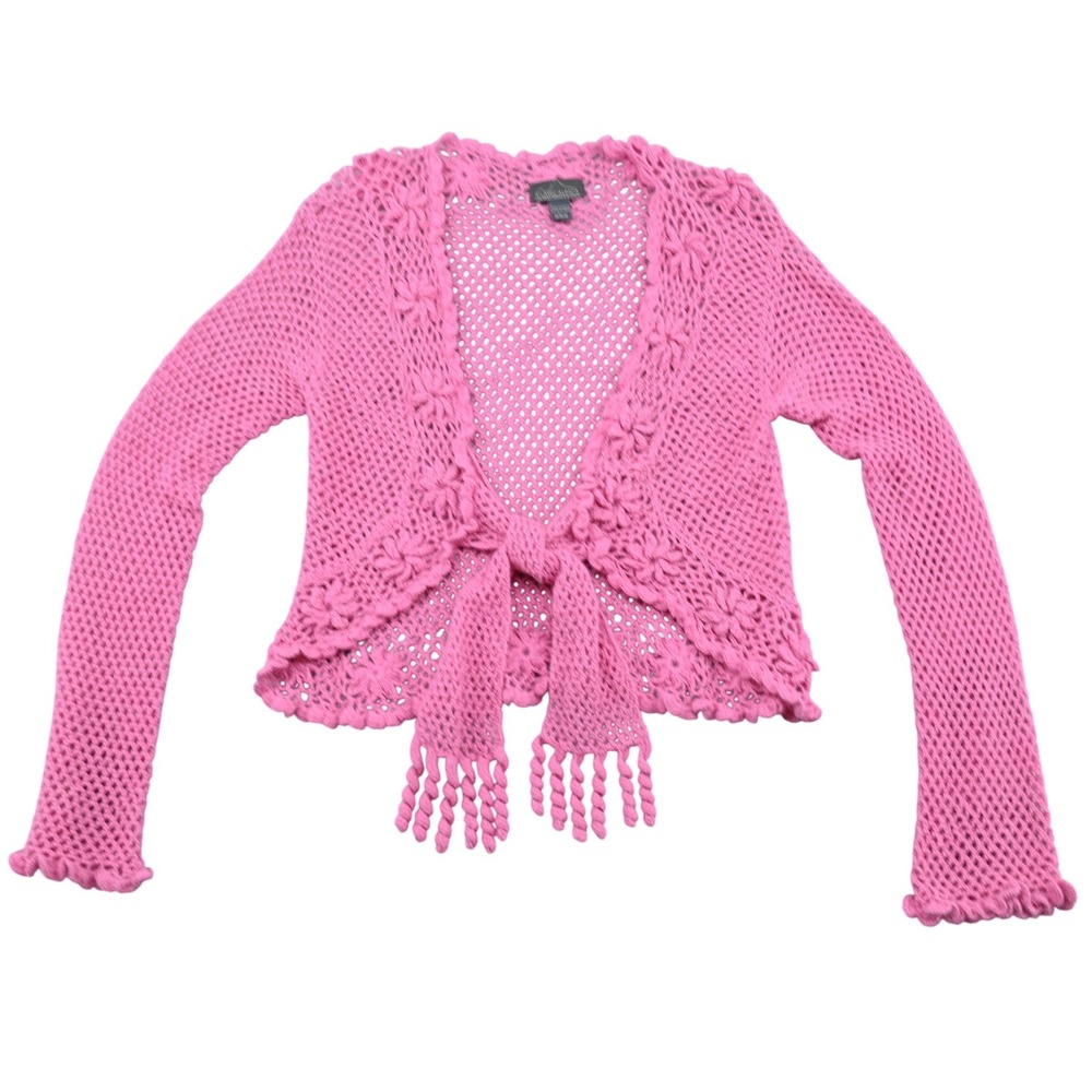 Classic Alpaca Pink Open Knit Tie Front Bolero Cardigan Floral Fringe Trim Peru
